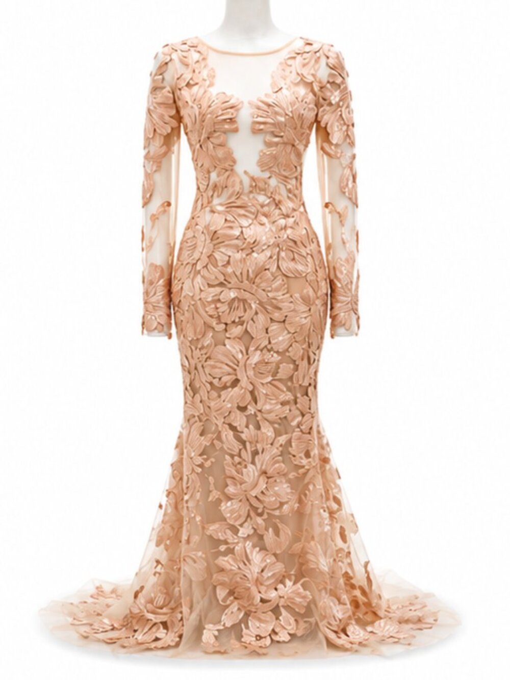Royal We Blush Rose Gold Floral Appliqué Mermaid Gown Sheer Long Sleeves Size XS